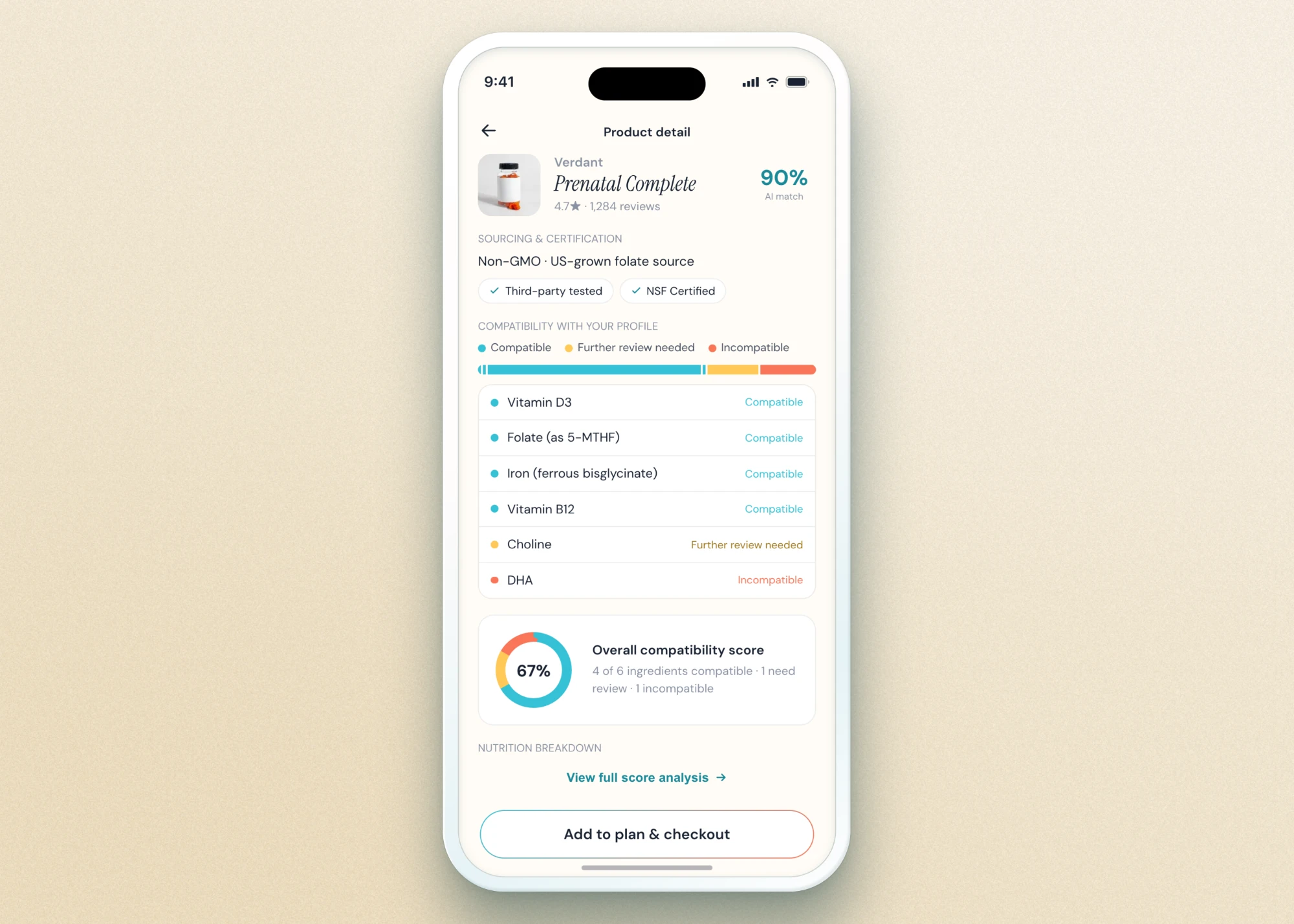 CONNAÎ product detail screen showing a prenatal supplement's AI match, ingredient compatibility and overall score