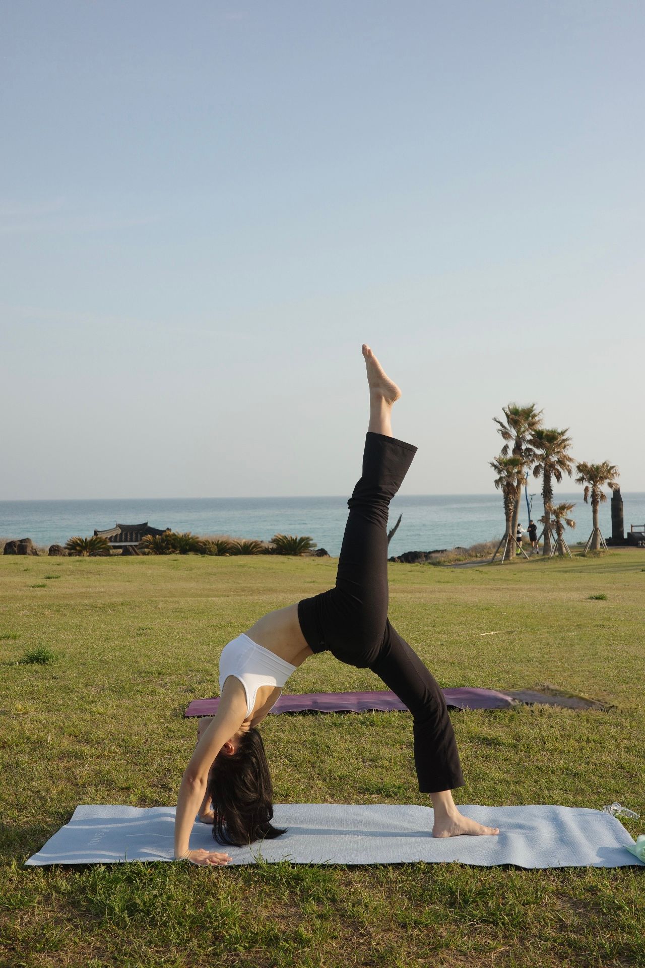 A person doing a one-legged bridge yoga pose on a mat on a lawn by the sea