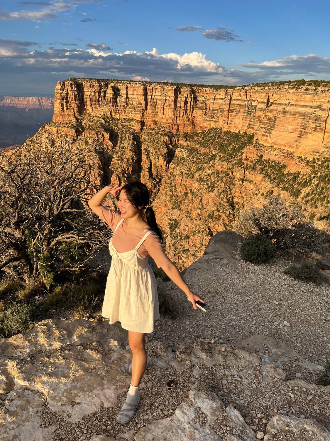 A person shading their eyes with one hand at a canyon overlook in the evening light