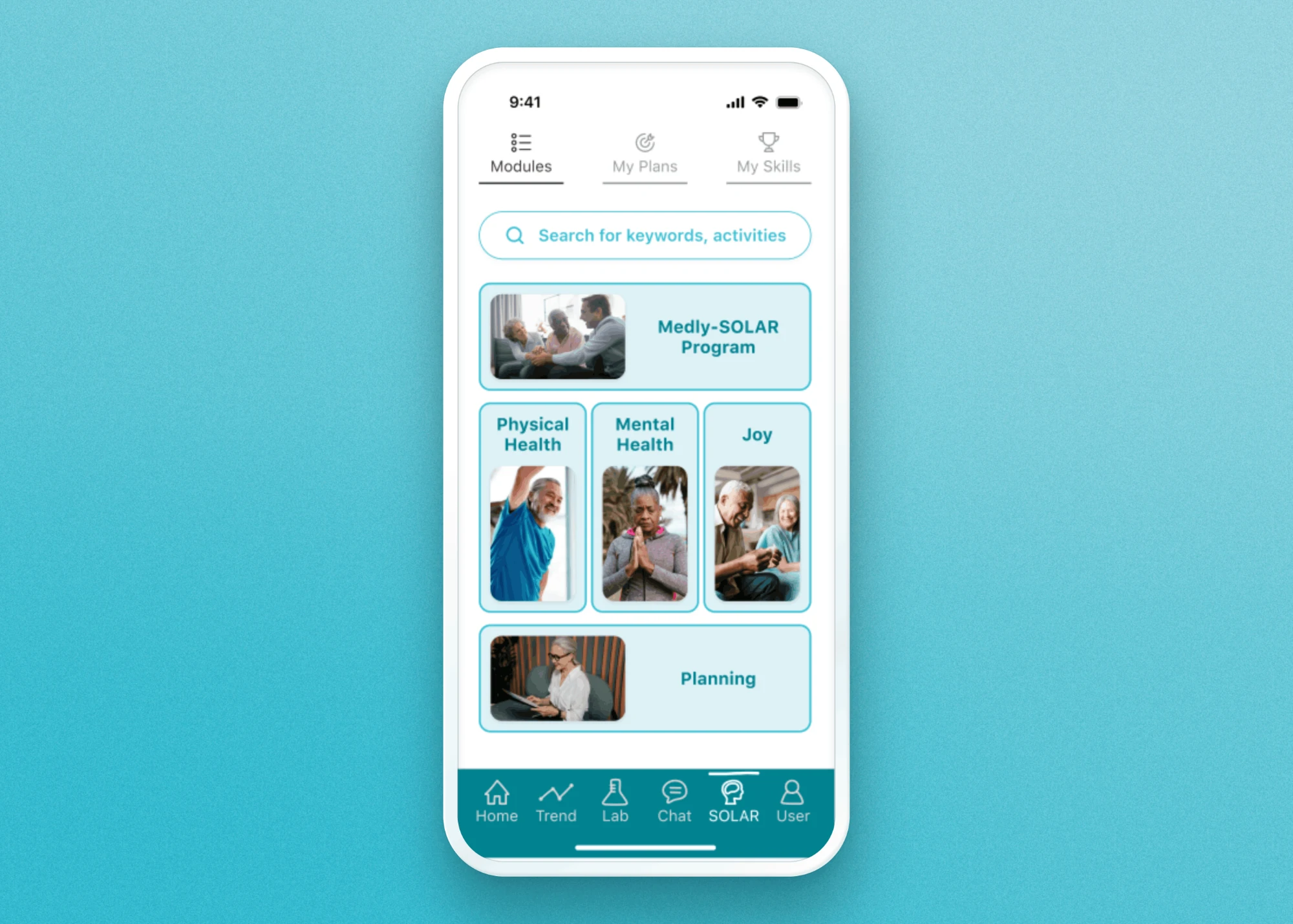 Medly-SOLAR app home screen with Physical Health, Mental Health, Joy and Planning modules