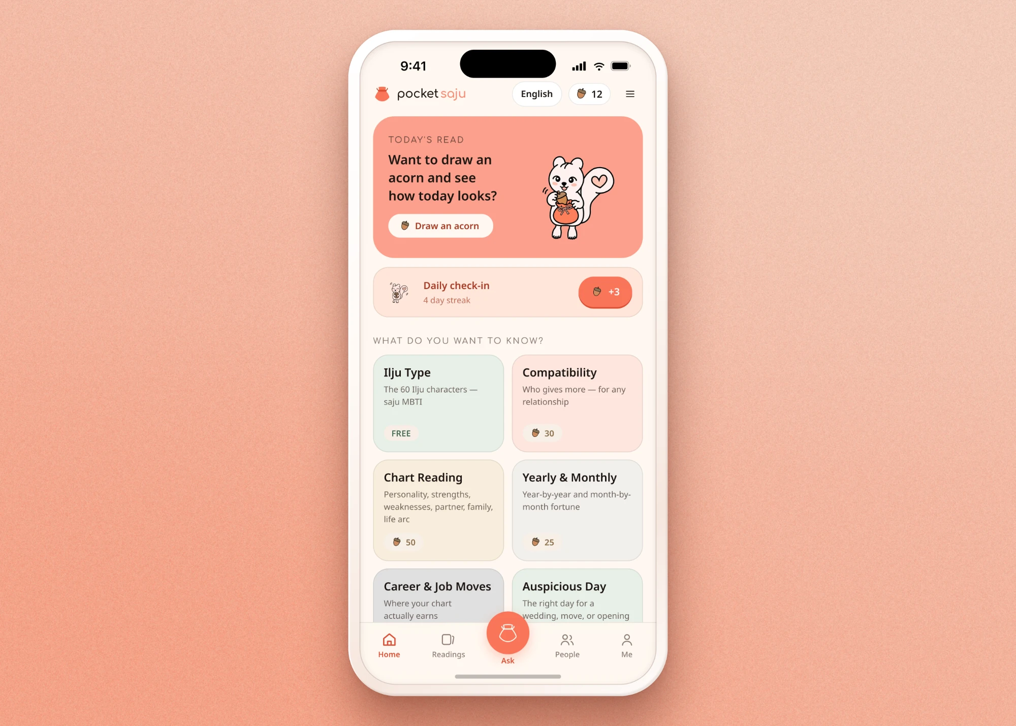 Pocket Saju app home screen with today's read, daily check-in and reading topics