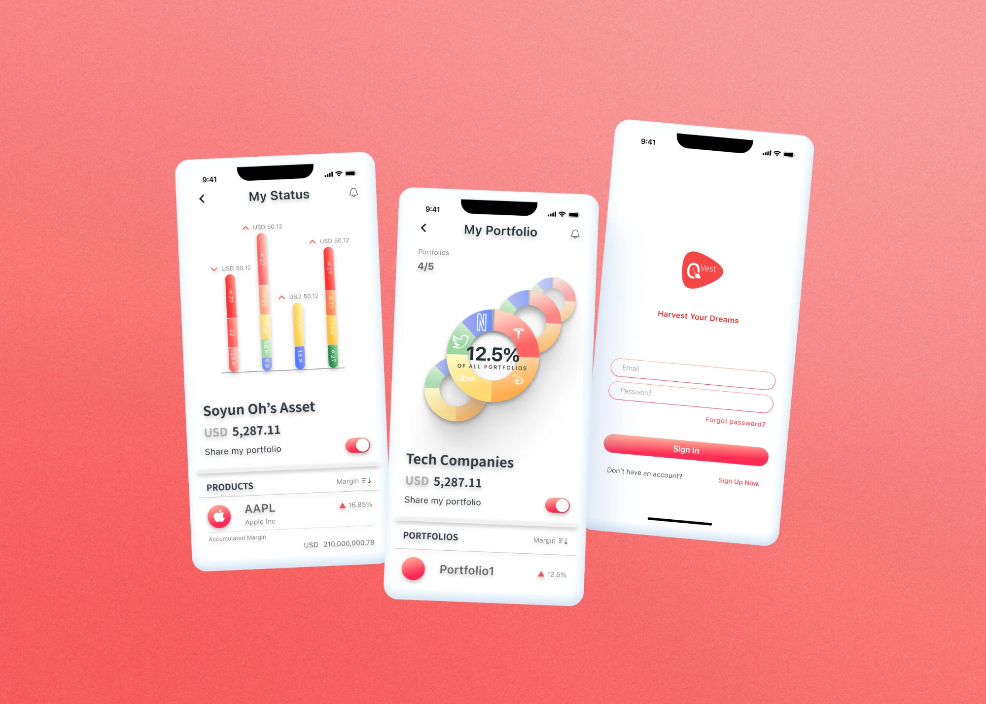 Three phone screens of an investing app: My Status, My Portfolio and Sign In